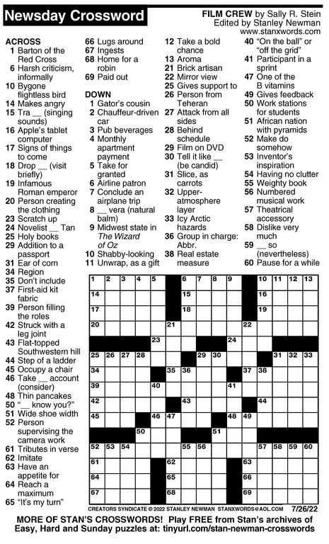 Crossword for 7/26/2022 | Crossword Print | ArcaMax Publishing