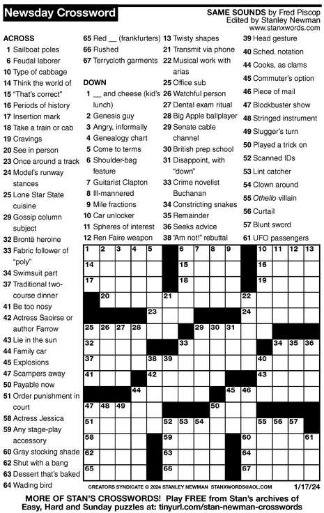 Crossword for 1/17/2024 | Crossword Print | ArcaMax Publishing