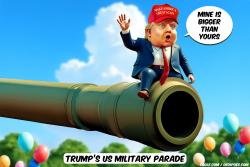 click or tap to zoom Trump sitting on barrel of big tank