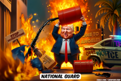 click or tap to zoom Trump lifting oil barrel in burning LA