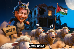 click or tap to zoom Netanyahu the Lone Wolf running after sheep