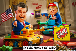 click or tap to zoom Trump and Hegseth riding toy tanks