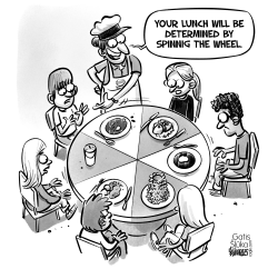 Cook of school turns table as a spinning wheel