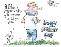 Father carries daughter while dog runs nearby on special day