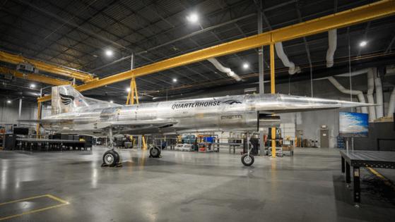 Hermeus on Thursday, March 28, 2024 unveiled its Quarterhorse Mk 1 aircraft at its facilities in Doraville, Georgia. Source: Hermeus/TNS