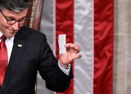 US House Speaker Mike Johnson shows the final tally of the vote on US President Donald Trump's tax bill on the floor of the House of Representatives at the US Capitol in Washington, D.C., on July 3, 2025. Congress passed the 