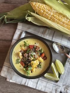 The soup is served elote-style, with Mexican street corn garnishes. (JeanMarie Brownson/TCA)