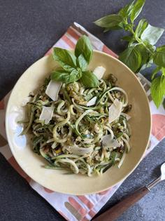 (Zucchini “Noodles” with Green Chile, Basil and Pistachio. (JeanMarie Brownson/TCA)