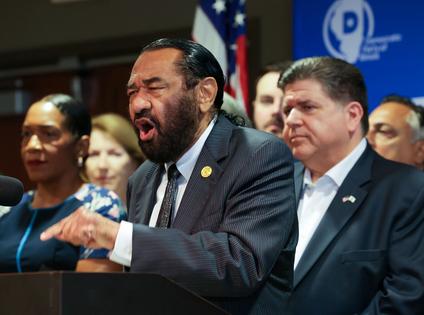U.S. Rep. Al Green of Texas speaks during a press conference at the Painters District Council No. 30 union hall on Aug. 5, 2025, in Aurora, Illinois. Illinois Gov. JB Pritzker, right, and a large group of Texas Democrats gathered to address the remapping of districts in Texas. (Stacey Wescott/Chicago Tribune/TNS)