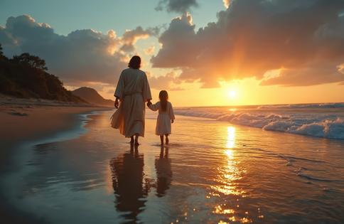 Jesus walks with child on beach at sunset. Dreamstime/TCA