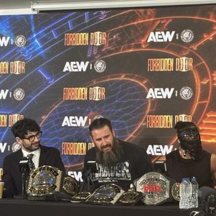 Bang Showbiz / AEW President Tony Khan with Brodido at the Forbidden Door post-show press conference