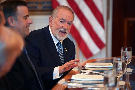WASHINGTON, DC - JULY 07: U.S. Ambassador to Israel Mike Huckabee delivers remarks as President Donald Trump hosts Israeli Prime Minister Benjamin Netanyahu for a dinner in the Blue Room of the White House on July 7, 2025, in Washington, DC. Trump is hosting Netanyahu to discuss a potential ceasefire agreement to end the fighting in Gaza. (Photo by Andrew Harnik/Getty Images)