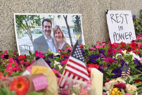 ST PAUL, MINNESOTA - JUNE 16:  A makeshift memorial for DFL State Rep. Melissa Hortman and her husband Mark Hortman is seen at the Minnesota State Capitol building on June 16, 2025 in St. Paul, Minnesota. Law enforcement agencies captured a suspect in the killing of DFL State Rep. Melissa Hortman and her husband, Mark Hortman, who were shot at their home on June 14th. DFL State Sen. John Hoffman and his wife were also shot and hospitalized in a separate incident. Minnesota Gov. Tim Walz said during a press conference that the shooting 