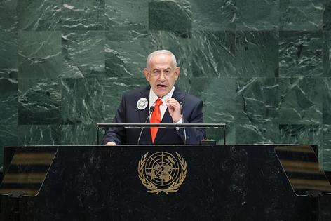 NEW YORK, NEW YORK - SEPTEMBER 26: Prime Minister of Israel Benjamin Netanyahu speaks during the United Nations General Assembly (UNGA) at the United Nations headquarters on September 26, 2025 in New York City. World leaders convened for the 80th Session of UNGA, with this year’s theme for the annual global meeting being “Better together: 80 years and more for peace, development and human rights.”  (Photo by Michael M. Santiago/Getty Images)