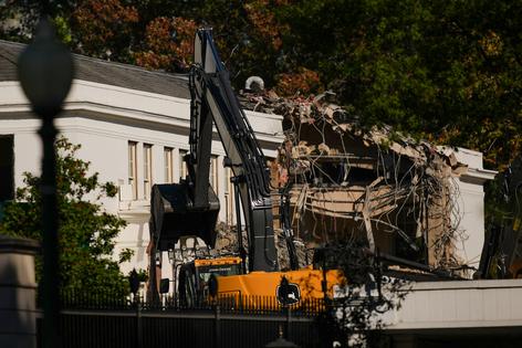 The facade of the East Wing of the White House is demolished by work crews on Oct. 21, 2025 in Washington, D.C. The demolition is part of U.S. President Donald Trump's plan to build a ballroom reportedly costing $250 million on the eastern side of the White House. (Andrew Harnik/Getty Images/TCA)