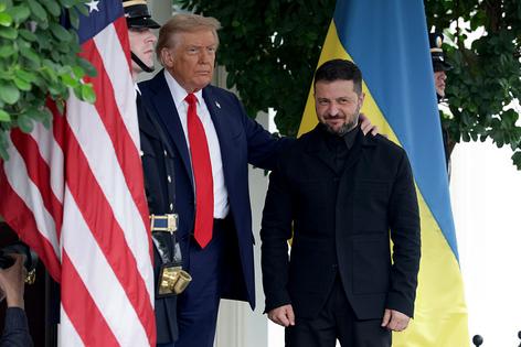 WASHINGTON, DC - AUGUST 18:  U.S. President Donald Trump greets Ukrainian President Volodymyr Zelensky at the White House on August 18, 2025 in Washington, DC. President Trump is hosting President Zelensky at the White House for a bilateral meeting and later an expanded meeting with European leaders to discuss a peace deal between Russia and Ukraine.  (Photo by Alex Wong/Getty Images)