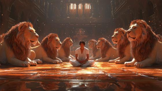 Daniel in the lion s den with hungry lions surrounding him. Dreamstime/TCA