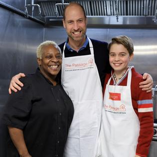 Bang Showbiz / Princes William and George with The Passage's head chef, Claudette.