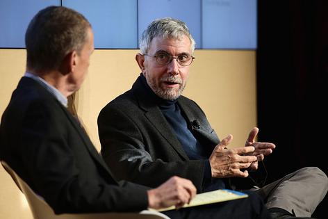 POCANTICO HILLS, NY - OCTOBER 21:  Gerald Marzorati, general manager and editorial director, The New York Times Conferences (L) speaks onstage with. Nobel Prize-winning economist and New York Times Opinion columnist Paul Krugman at The New York Times Food For Tomorrow Conference 2015 at Stone Barns Center for Food & Agriculture on October 21, 2015 in Pocantico Hills City.  (Photo by Neilson Barnard/Getty Images for the New York Times)
