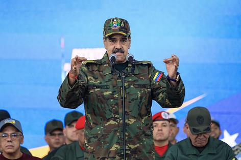 CARACAS, VENEZUELA - NOVEMBER 25: President of Venezuela Nicolás Maduro speaks during a military ceremony commemorating the 200th anniversary of the presentation of the 'Sword of Peru' to Venezuelan independence hero Simón Bolívar on November 25, 2025, in Caracas, Venezuela. The United States recently designated the 