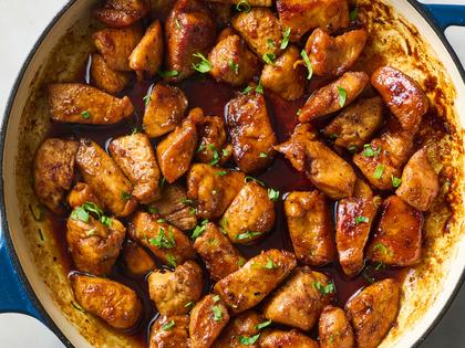 These tender bites of chicken are coated in a hot honey glaze. (Alex Lepe/TCA)