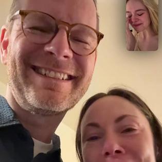 Bang Showbiz / Elle Fanning reacting to her first Oscar nomination on FaceTime call to Sentimental Value director Joachim Trier and his wife Helle Bendixen Trier / © Instagram