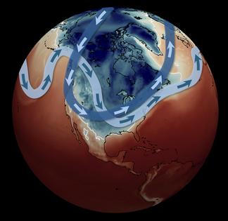 A forecast for Jan. 26, 2026, shows the freezing line in white reaching far into Texas. The light band with arrows indicates the jet stream, and the dark band indicates the stratospheric polar vortex. The jet stream is shown at about 3.5 miles above the surface, a typical height for tracking storm systems. The polar vortex is approximately 20 miles above the surface.
Mathew Barlow, CC BY