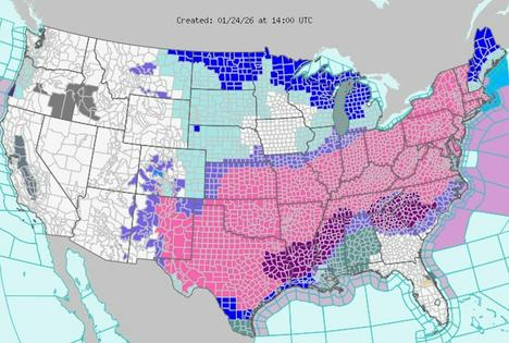 The National Weather Service issued severe storm warnings (pink) on Jan. 24, 2026, for a large swath of the U.S. that could see sleet and heavy snow over the following days, along with ice storm warnings (dark purple) in several states and extreme cold warnings (dark blue).
National Weather Service