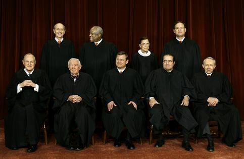 The Supreme Court under Chief Justice John Roberts in 2007 included seven justices appointed by Republican presidents. Front row, left to right: Anthony M. Kennedy (appointed by Ronald Reagan), John Paul Stevens (Gerald Ford), John Roberts (George W. Bush), Antonin Scalia (Reagan) and David Souter (George H.W. Bush). Standing, from left: Stephen Breyer (Bill Clinton), Clarence Thomas (George H.W. Bush), Ruth Bader Ginsburg (Clinton) and Samuel Alito Jr. (George W. Bush).
              AP Photo/J. Scott Applewhite