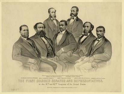The first Black senator and representatives were elected in the 1870s, as shown in this historic print.
              Library of Congress