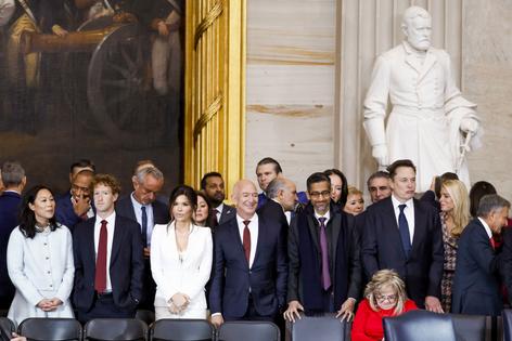 WASHINGTON, DC - JANUARY 20: (L-R) Priscilla Chan, Meta CEO Mark Zuckerberg, Lauren Sanchez, businessman Jeff Bezos, Alphabet's CEO Sundar Pichai, and businessman Elon Musk, among other dignitaries, attend the United States Capitol on January 20, 2025 in Washington, DC. Donald Trump takes office for his second term as the 47th President of the United States. (Photo by Shawn Thew-Pool/Getty Images)