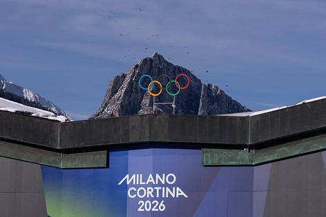 CORTINA D'AMPEZZO, ITALY - JANUARY 26: The Olympic Rings are set in front of surrounding mountains at Cortina Curling Olympic Stadium on January 26, 2026 in Cortina d'Ampezzo, Italy. Cortina will host Sliding, Curling and Women's Alpine events. (Photo by Maja Hitij/Getty Images)