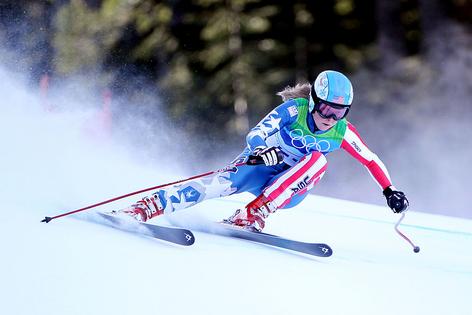 WHISTLER, BC - FEBRUARY 18:  Kaylin Richardson of The United States competes during the Alpine Skiing Ladies Super Combined Downhill on day 7 of the Vancouver 2010 Winter Olympics at Whistler Creekside on February 18, 2010 in Whistler, Canada.  (Photo by Doug Pensinger/Getty Images)