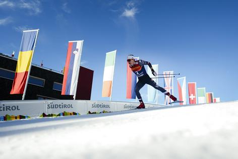 Machine-made snow increasingly makes the Winter Games possible. It’s also slicker to race and harder to fall on. Here, Olympic skier Ben Ogden of the U.S. competes during the sprint of the FIS Cross-Country World Cup Tour de Ski in Toblach, Italy, on Dec. 28, 2024.
Federica Vanzetta/NordicFocus/Getty Images