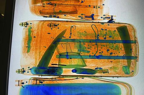 An X-ray image of luggage shows rhinoceros horns packed in a bag.
Interpol via AP