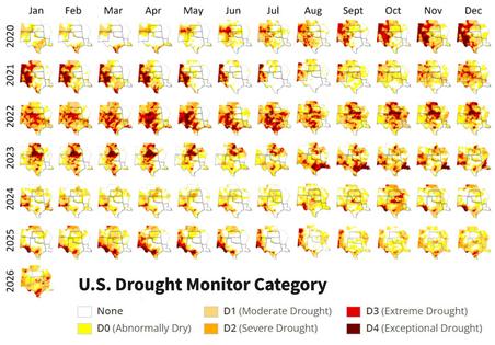 The U.S. Drought Monitor’s monthly updates from January 2020 through January 2026 show how drought moved around in the Southern Plains over those years but never let go. Darker colors reflect the intensity of drought in each location.
              Joel Lisonbee; compiled from U.S. Drought Monitor