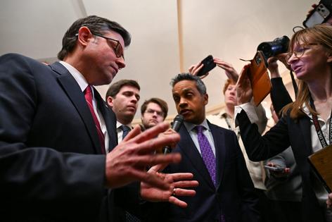 House Speaker Mike Johnson updates reporters about budget talks on Capitol Hill. AFP/Roberto Schmitt via Getty Images