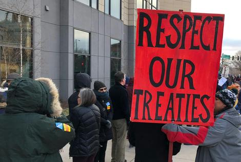 Treaty rights were central to objections in 2018 over a proposal to build an oil pipeline in Minnesota to replace an older pipeline known as Enbridge Line 3.
              AP Photo/Steve Karnowski