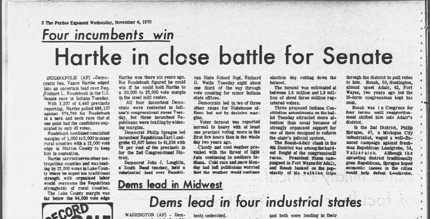 The day after Election Day in 1970, votes were very close in the Indiana election for U.S. Senate. A challenge to the outcome would lead to an important U.S. Supreme Court case.
              The Purdue Exponent, Nov. 4, 1970