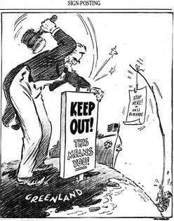 This April 1941 drawing by famous political cartoonist Herbert L. Block, known as Herblock, was published shortly after Greenland became a de facto protectorate of the U.S.
              A Herblock Cartoon, © The Herb Block Foundation