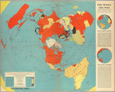 Richard Edes Harrison’s famous WWII maps in Fortune magazine, including this one from 1942, changed American understandings of vulnerability by highlighting short aerial routes. Dark areas are considered Axis, dotted areas pro-Axis neutral or Axis-occupied, red areas Allies and yellow areas neutral. Pink areas, including Greenland, were considered Allies-occupied.
              Cornell University – PJ Mode Collection of Persuasive Cartography