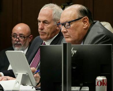 Two former FirstEnergy executives, Michael Dowling, center left, and Chuck Jones, right, listen to proceedings during their February 2026 trial on charges they bribed a state official to be able to keep electricity rates high.
Mike Cardew/Akron Beacon Journal via AP, Pool