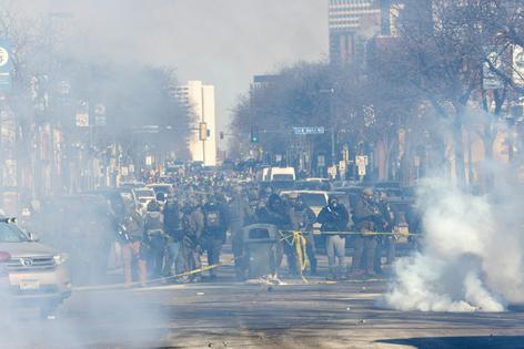 Protesters clash with law enforcement after federal agents shot and killed Alex Pretti on Jan. 24, 2026, in Minneapolis. Arthur Maiorella/Anadolu via Getty Images