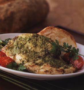 The pesto adds just the right flavor to the thin cutlets. (Noel Barnhurst/TCA)