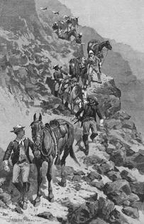 Engraved scene depicting Buffalo Soldiers of the United States Army, or ‘Negro Cavalry,’ marching on the mountains, circa 1870.
              Archive Photos/via Getty Images