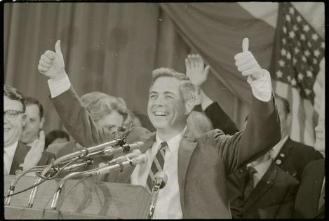 Conservative James L. Buckley, whose name is on the crucial Supreme Court case Buckley v. Valeo, claims victory in the 1970 race for Senate from New York.
Bettman/Getty Images