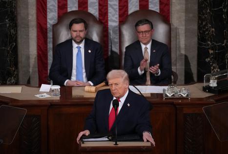 U.S. President Donald Trump, with Vice President JD Vance and Speaker of the House Mike Johnson (R-LA) looking on, delivers his State of the Union address during a Joint Session of Congress at the U.S. Capitol on Feb. 24, 2026, in Washington, D.C. Trump delivered his address days after the Supreme Court struck down the administration's tariff strategy and amid a U.S. military buildup in the Persian Gulf threatening Iran. (Andrew Harnik/Getty Images/TCA)