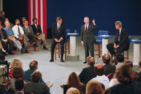 Ross Perot was the last third-party candidate to reach a presidential debate stage, here standing between Republican George H.W. Bush and Democrat Bill Clinton in 1992.
AP Photo/Doug Mills
