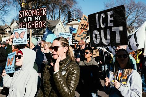 Several thousand people took part in an anti-ICE demonstration in Minneapolis on Feb. 16, 2026. Jerome Gilles/NurPhoto via Getty Images
