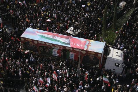 Iranians participate in a funeral in Tehran for Revolutionary Guard commanders, Iranian nuclear scientists and civilians who were killed in Israeli attacks on June 28, 2025.
Morteza Nikoubazl/NurPhoto via Getty Images